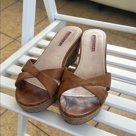 Prada Tan Leather Wedge Sandals - Picture 1 of 6